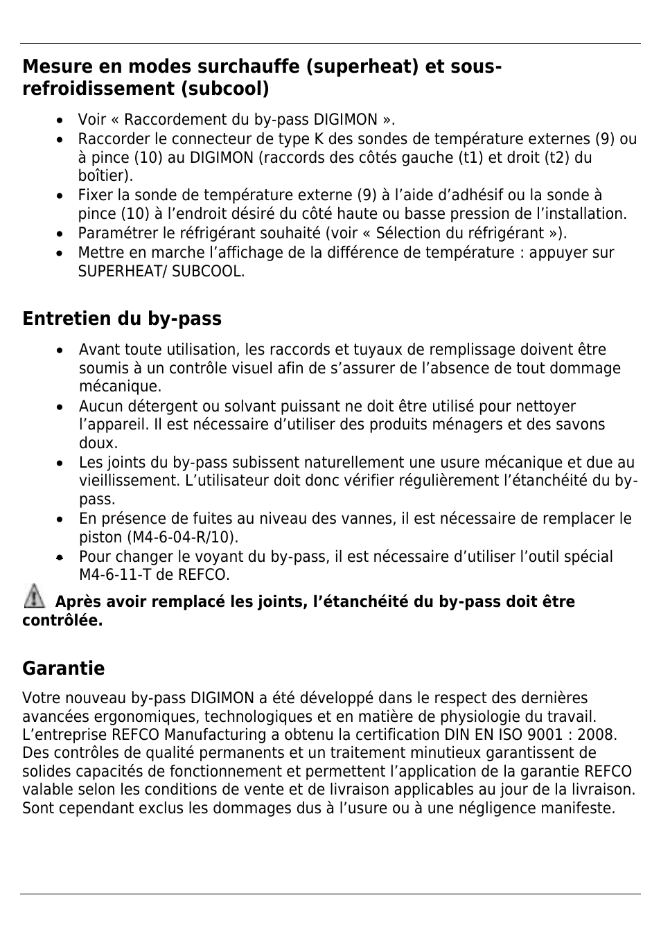 Entretien du by-pass, Garantie | REFCO DIGIMON4 User Manual | Page 36 / 61