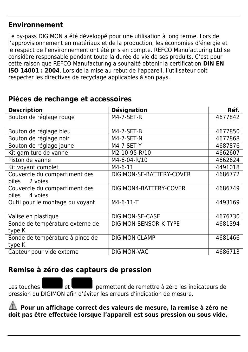 Environnement, Pièces de rechange et accessoires, Remise à zéro des capteurs de pression | REFCO DIGIMON4 User Manual | Page 37 / 61