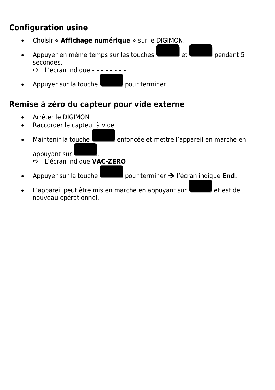 Configuration usine, Remise à zéro du capteur pour vide externe | REFCO DIGIMON4 User Manual | Page 38 / 61