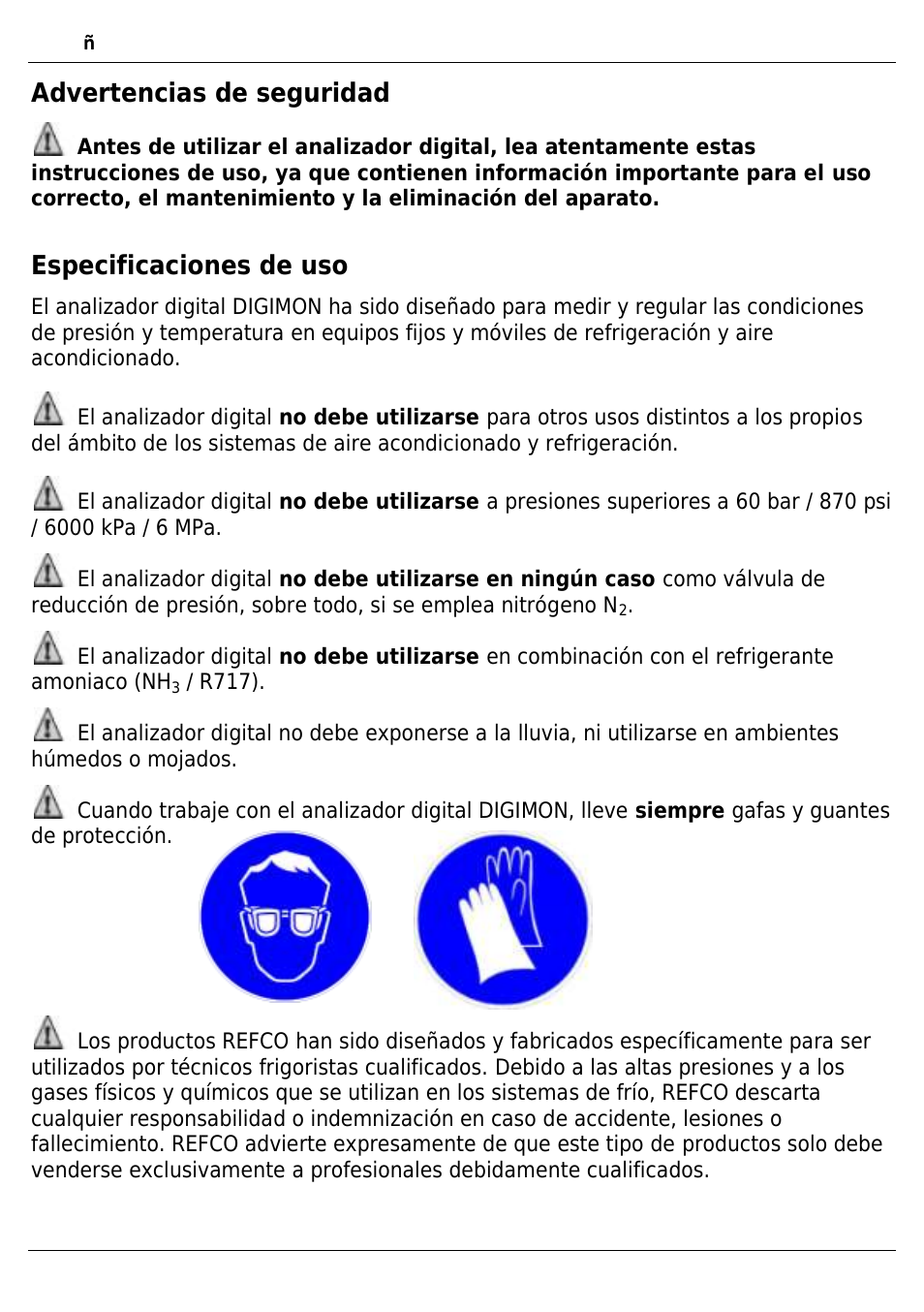 Advertencias de seguridad, Especificaciones de uso | REFCO DIGIMON4 User Manual | Page 44 / 61