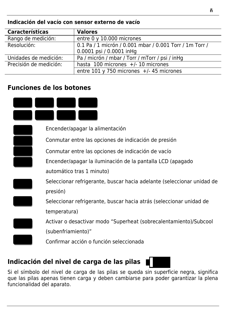 Funciones de los botones, Indicación del nivel de carga de las pilas | REFCO DIGIMON4 User Manual | Page 47 / 61