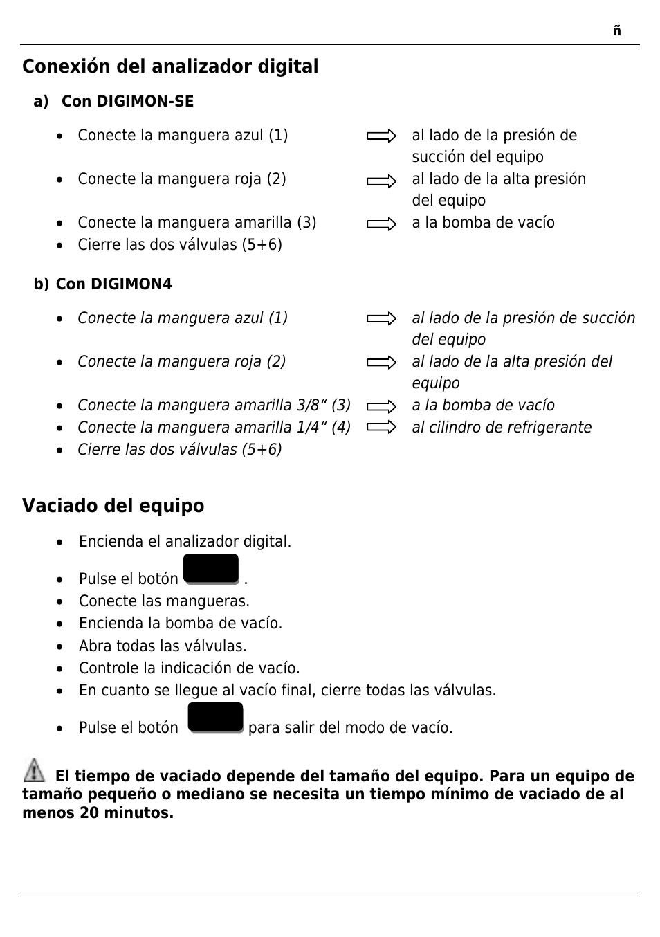 Conexión del analizador digital, Vaciado del equipo | REFCO DIGIMON4 User Manual | Page 53 / 61