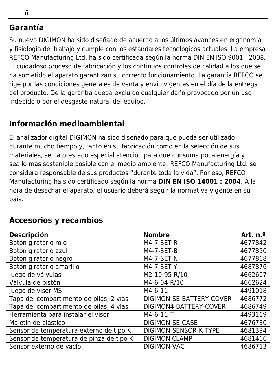 Garantía, Información medioambiental, Accesorios y recambios | REFCO DIGIMON4 User Manual | Page 56 / 61