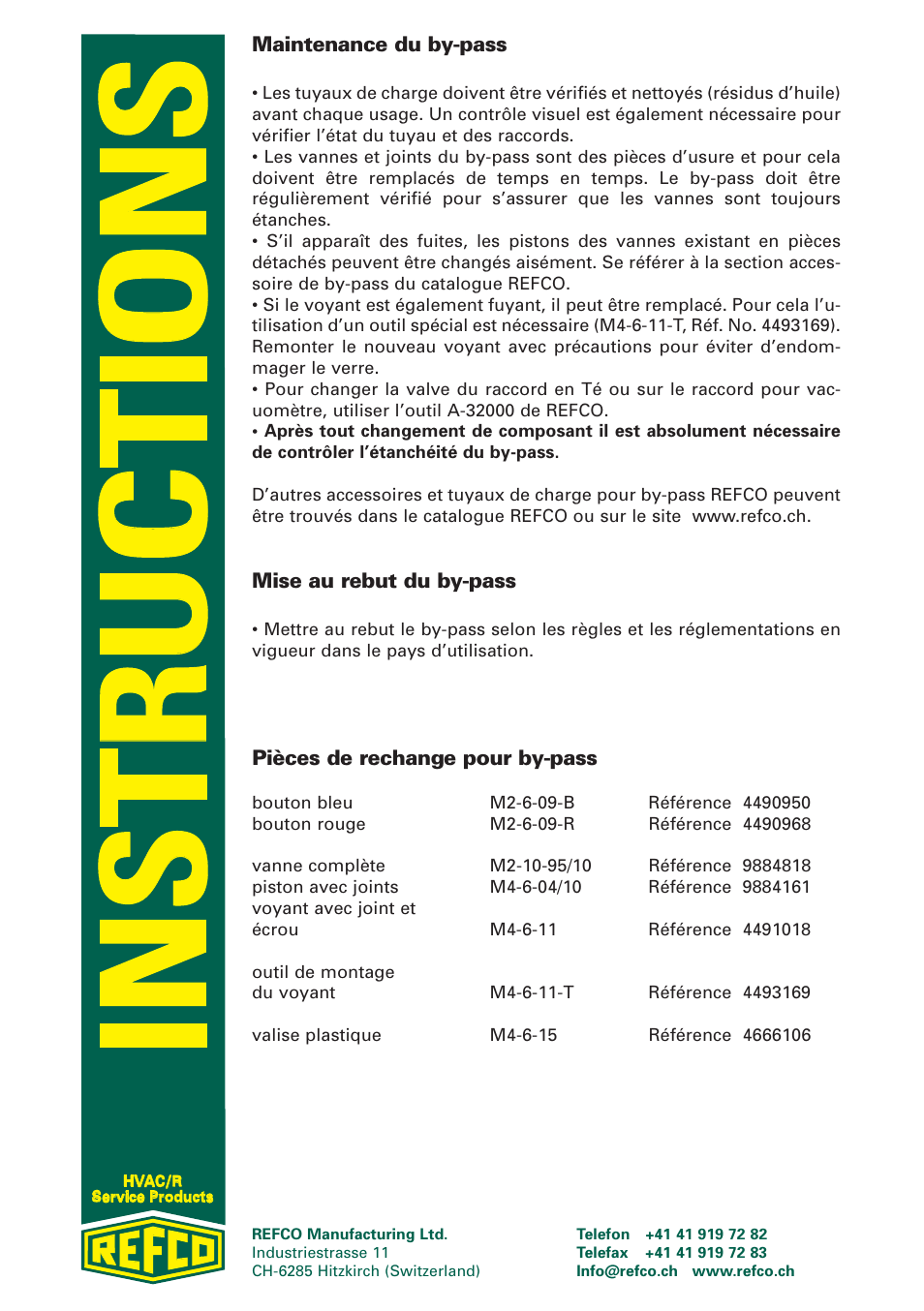 Maintenance du by-pass, Mise au rebut du by-pass, Pièces de rechange pour by-pass | REFCO Two-Way Manifolds User Manual | Page 14 / 20