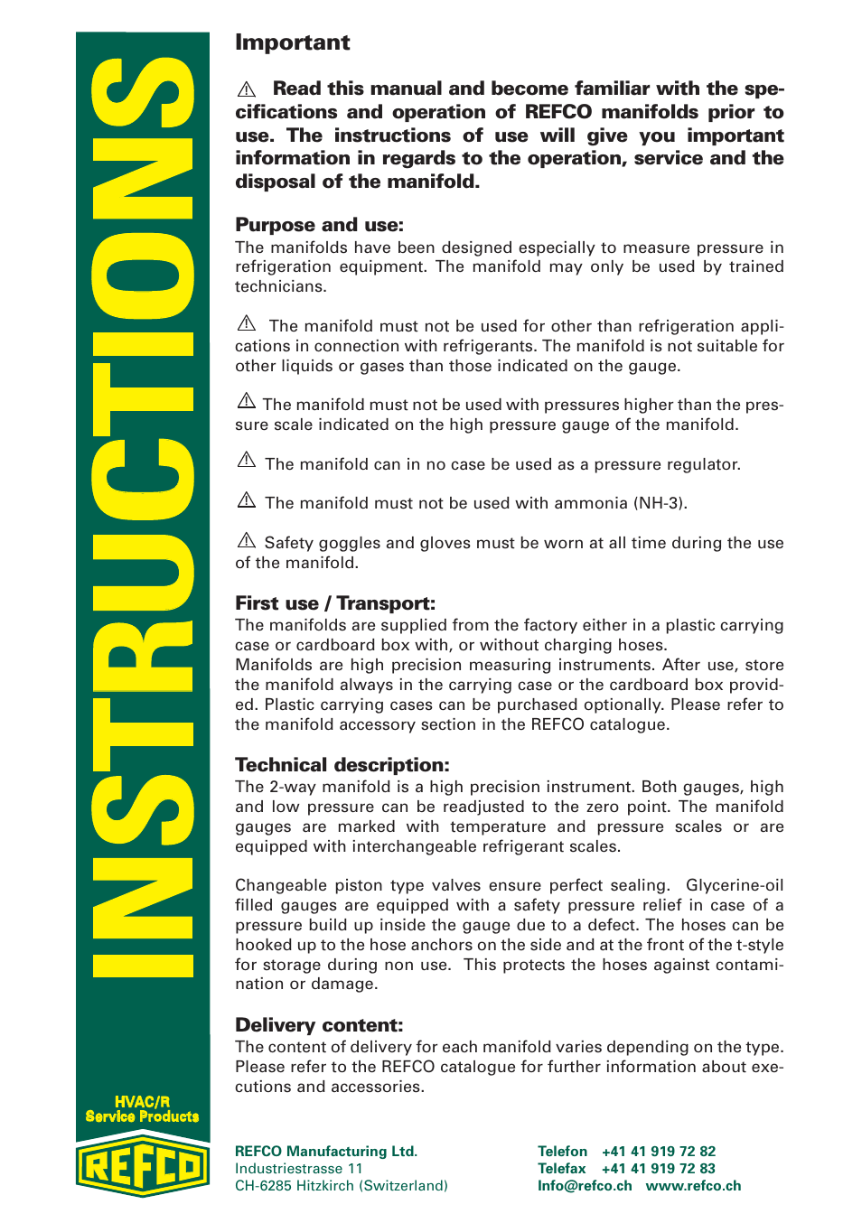 Important, First use / transport, Technical description | Delivery content | REFCO Two-Way Manifolds User Manual | Page 2 / 20