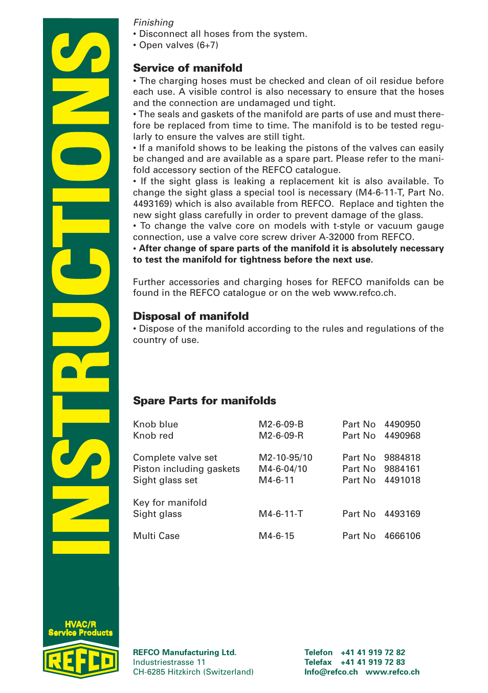 Service of manifold, Disposal of manifold, Spare parts for manifolds | REFCO Two-Way Manifolds User Manual | Page 4 / 20