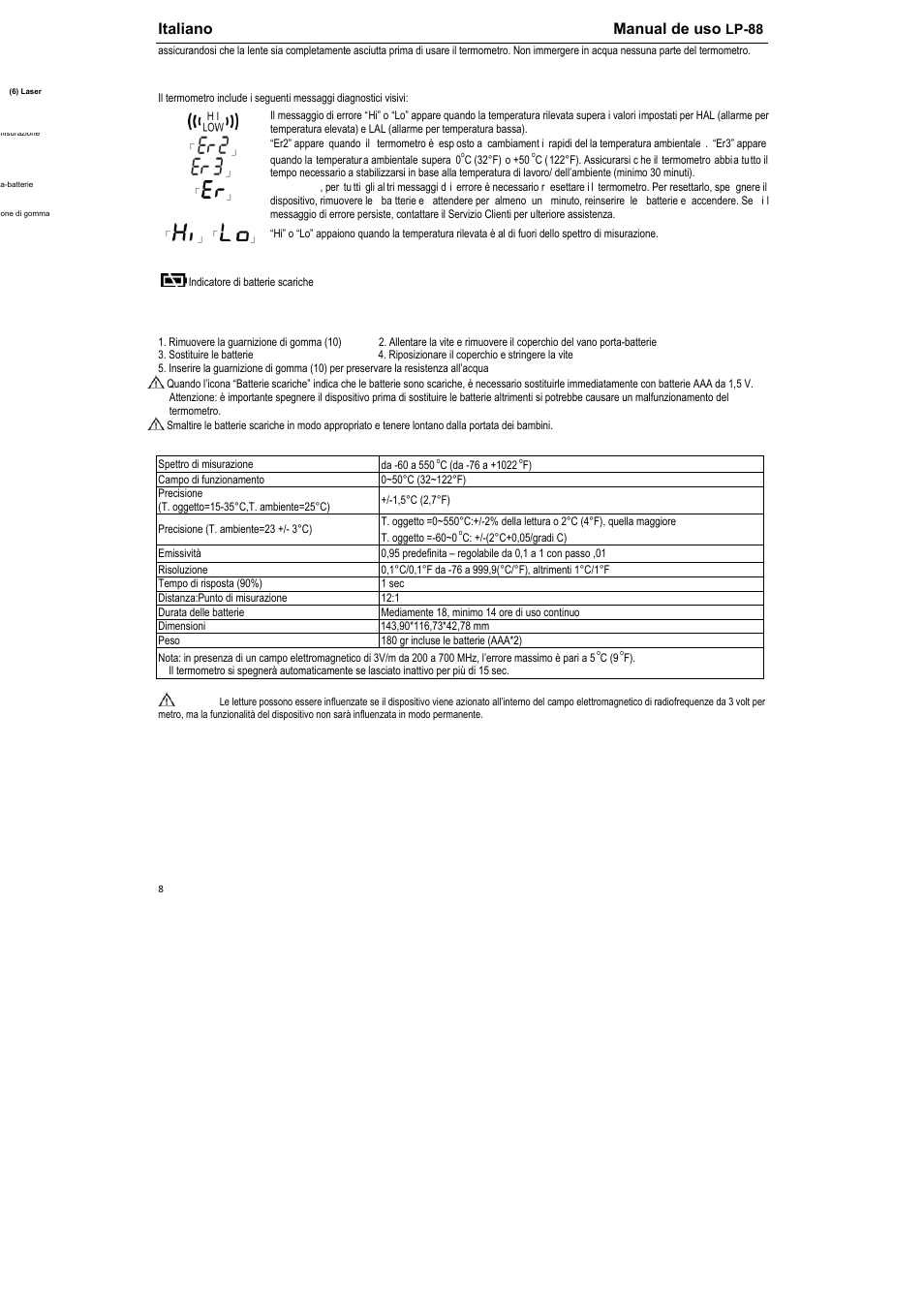 Italiano, Manual de uso | REFCO LP-88 User Manual | Page 9 / 12