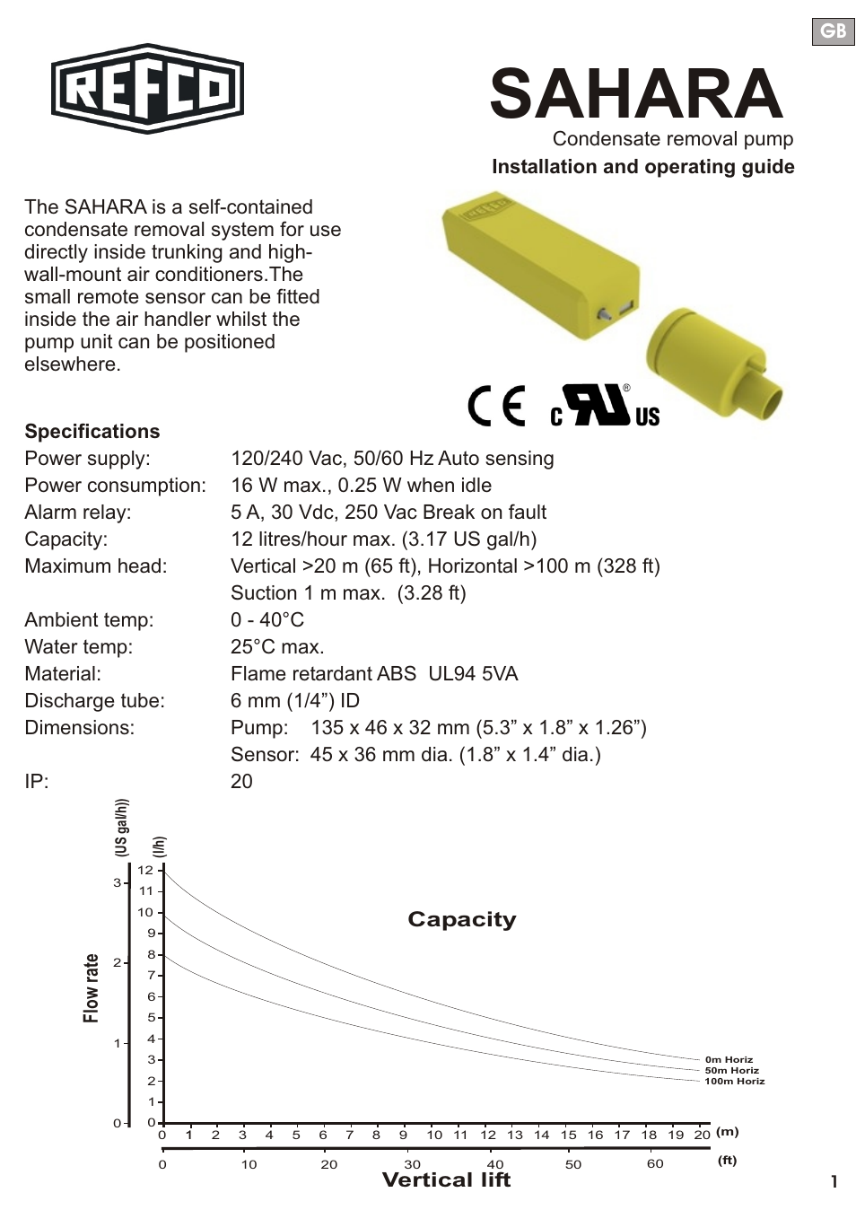 Seite2, Sahara, Capacity | Vertical lift, Flo w r at e | REFCO SAHARA User Manual | Page 2 / 44