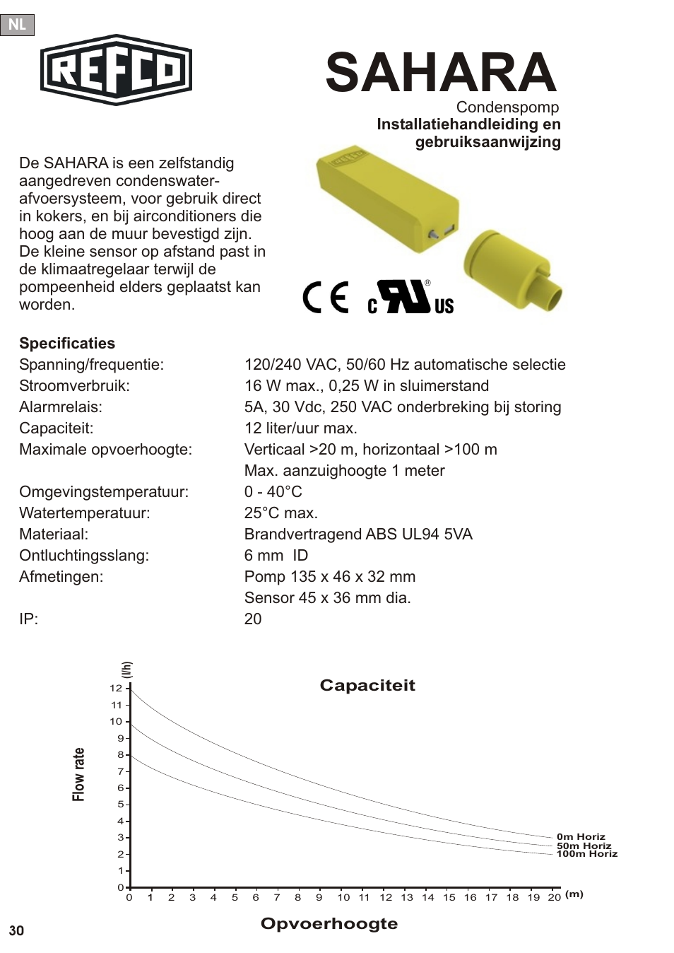 Seite31, Sahara, Opvoerhoogte | Flo w r at e | REFCO SAHARA User Manual | Page 31 / 44