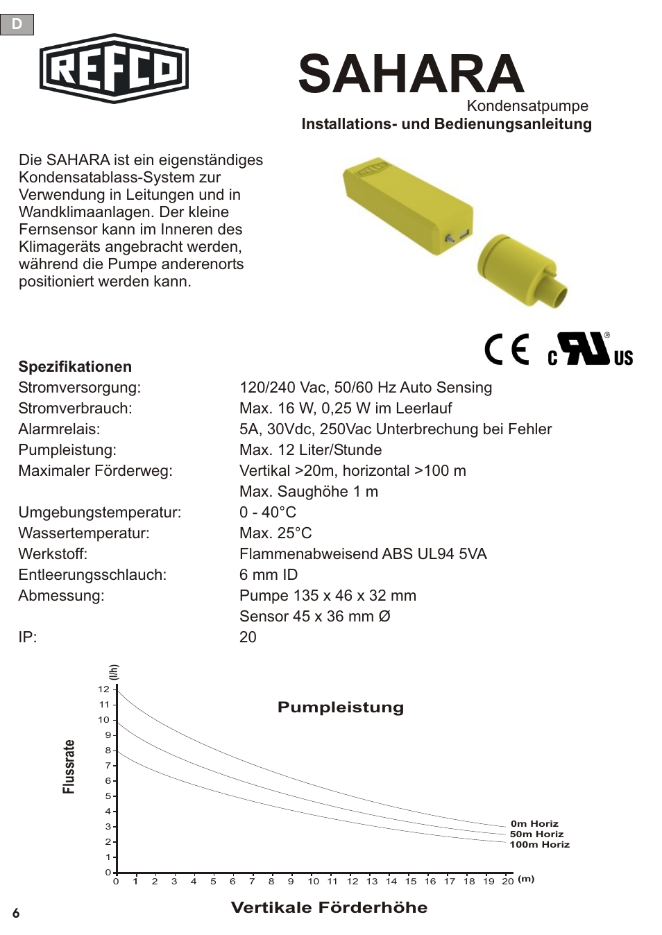 Seite7, Sahara, Vertikale förderhöhe | Flu ss ra te | REFCO SAHARA User Manual | Page 7 / 44