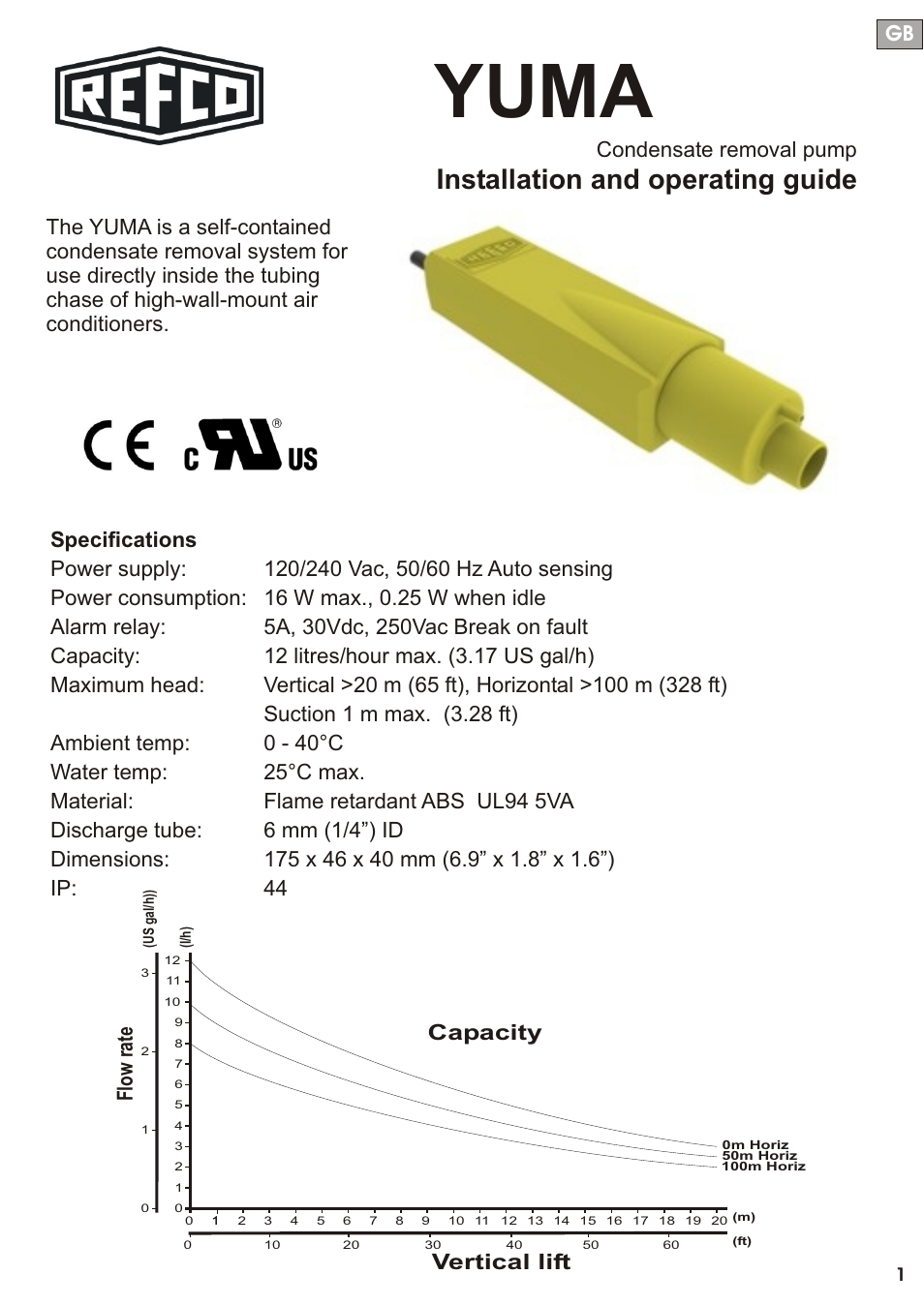 Seite2, Yuma, Installation and operating guide | Condensate removal pump, Vertical lift, Flo w r at e | REFCO YUMA User Manual | Page 2 / 38