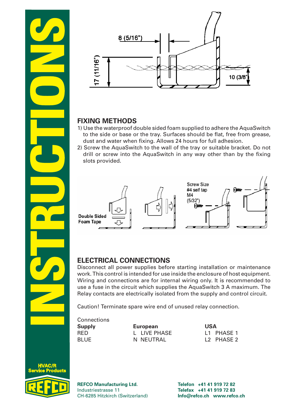 Fixing methods, Electrical connections | REFCO AcquSwitch User Manual | Page 2 / 8