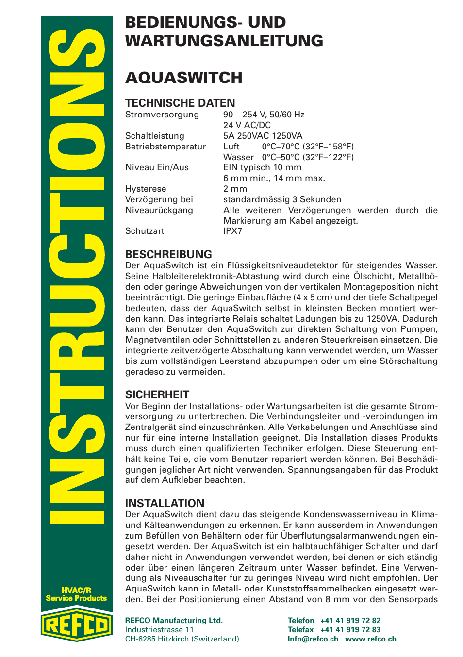 Bedienungs- und wartungsanleitung aquaswitch, Technische daten, Beschreibung | Sicherheit, Installation | REFCO AcquSwitch User Manual | Page 3 / 8