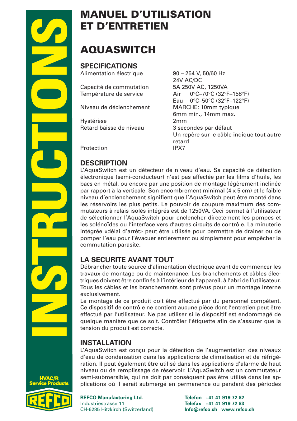 Manuel d’utilisation et d’entretien aquaswitch, Specifications, Description | La securite avant tout, Installation | REFCO AcquSwitch User Manual | Page 5 / 8