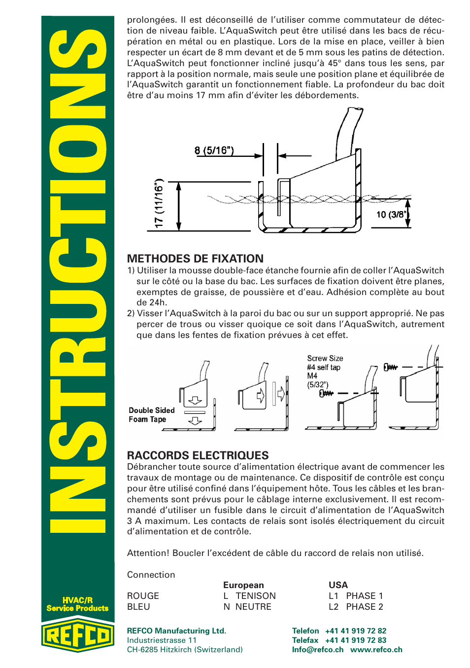 Methodes de fixation, Raccords electriques | REFCO AcquSwitch User Manual | Page 6 / 8