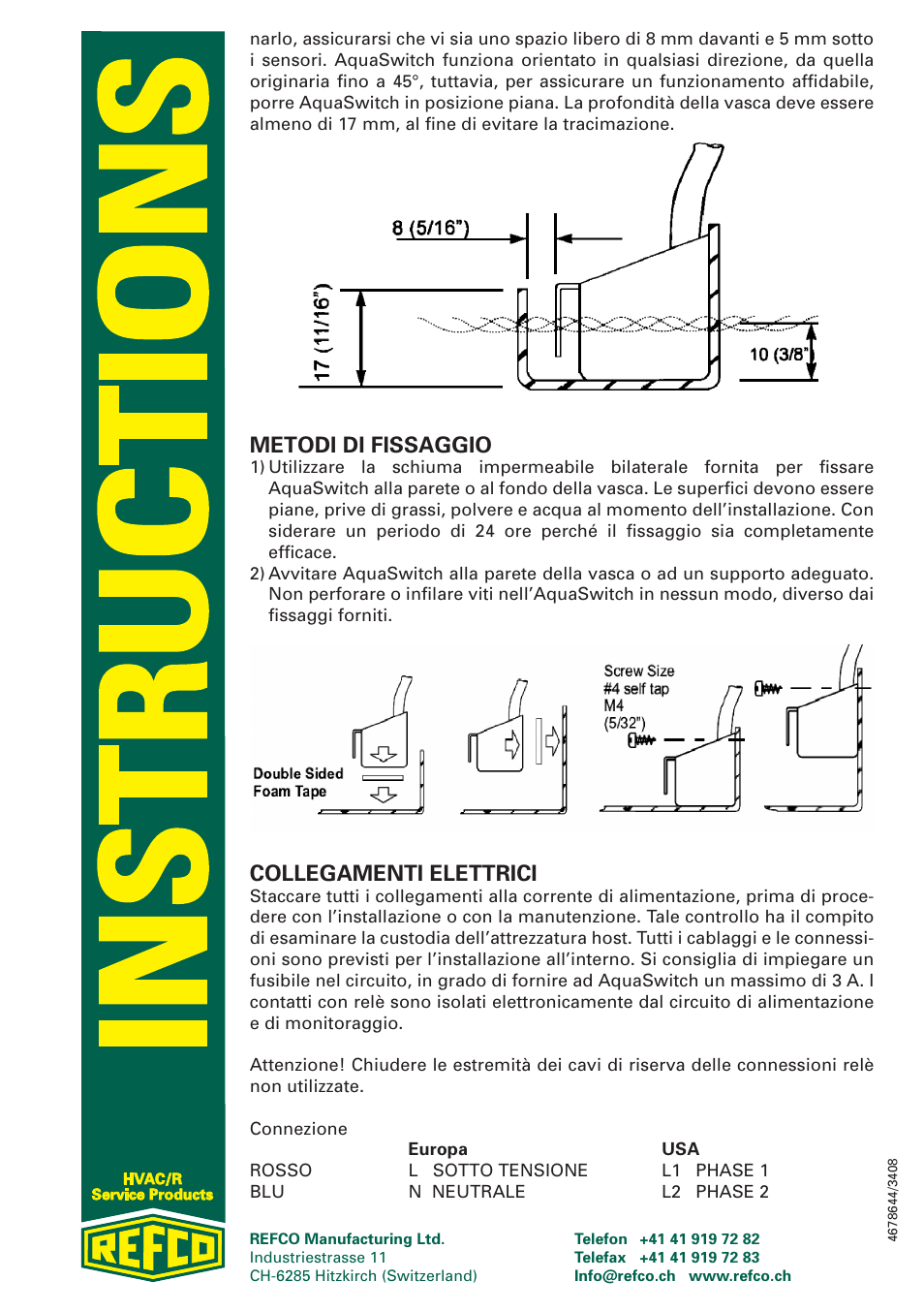 Metodi di fissaggio, Collegamenti elettrici | REFCO AcquSwitch User Manual | Page 8 / 8
