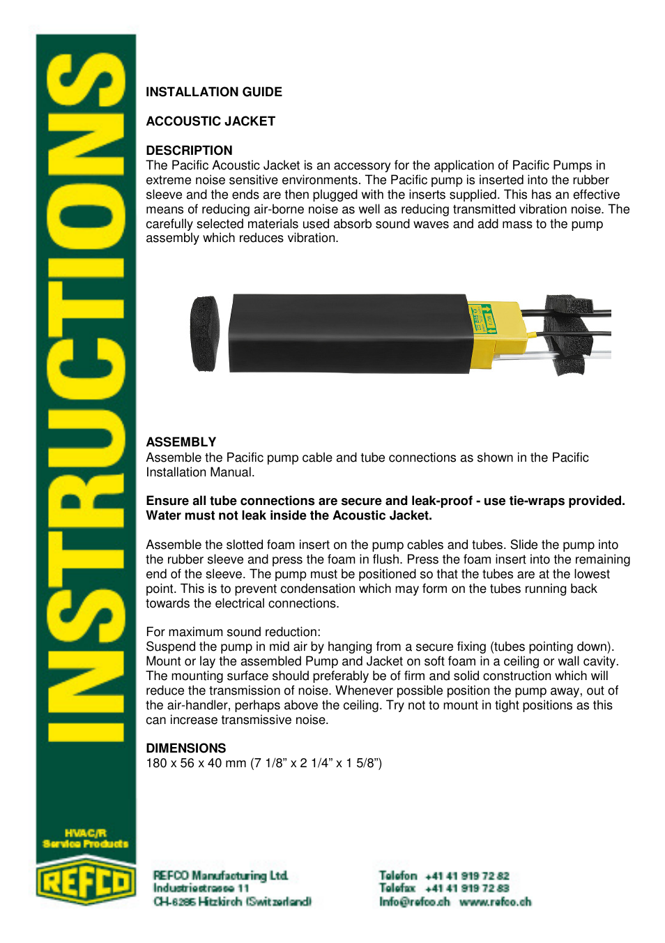 REFCO Acoustic Jacket User Manual | 4 pages