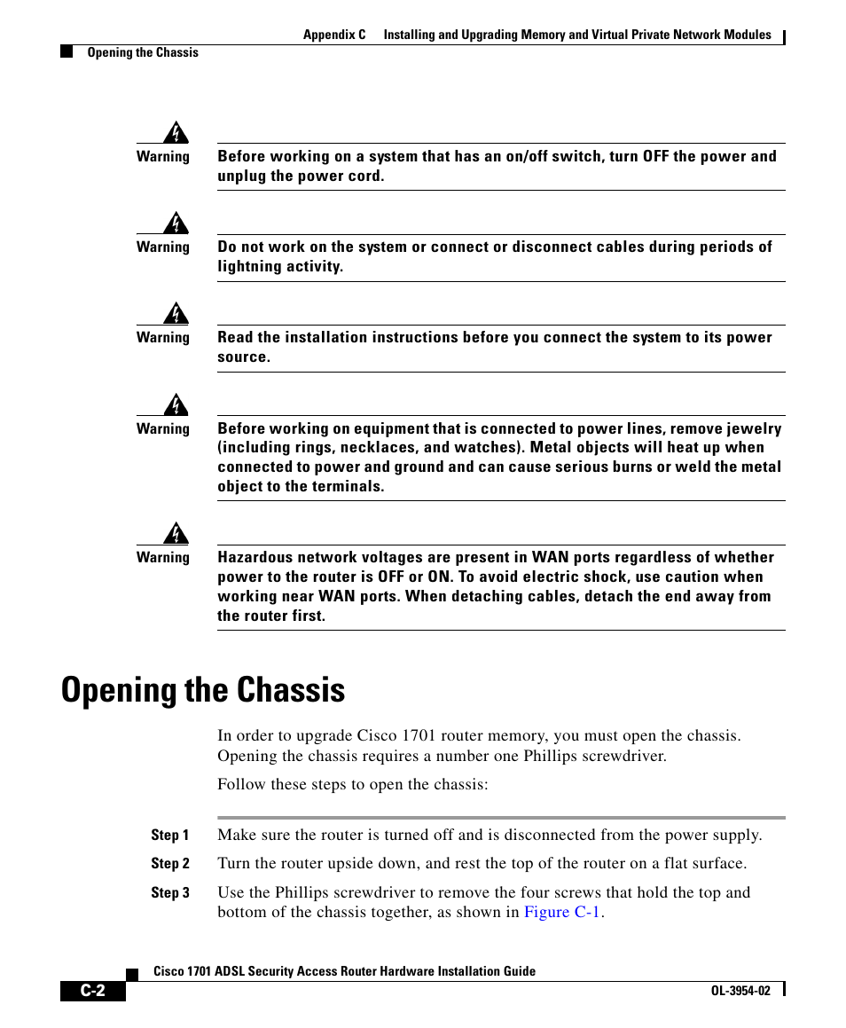 Opening the chassis | Cisco 1701 User Manual | Page 2 / 10