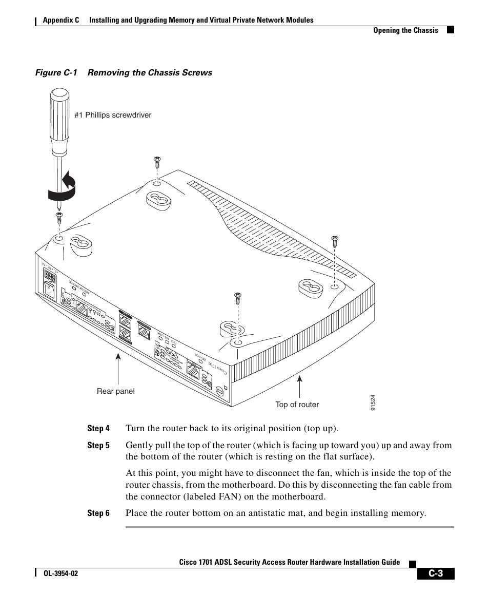 Figure c-1 removing the chassis screws step 4, Step 5, Step 6 | Rear panel #1 phillips screwdriver top of router | Cisco 1701 User Manual | Page 3 / 10