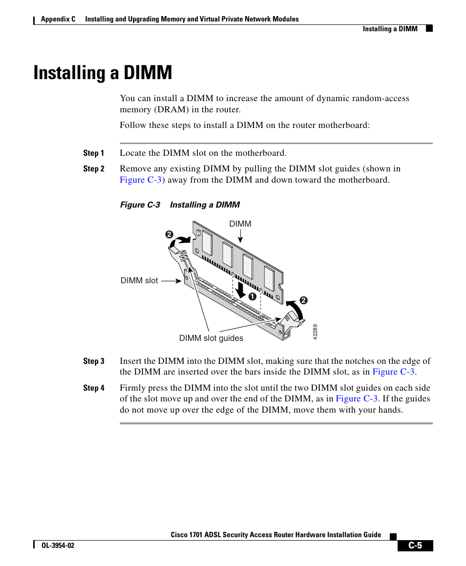 Installing a dimm | Cisco 1701 User Manual | Page 5 / 10