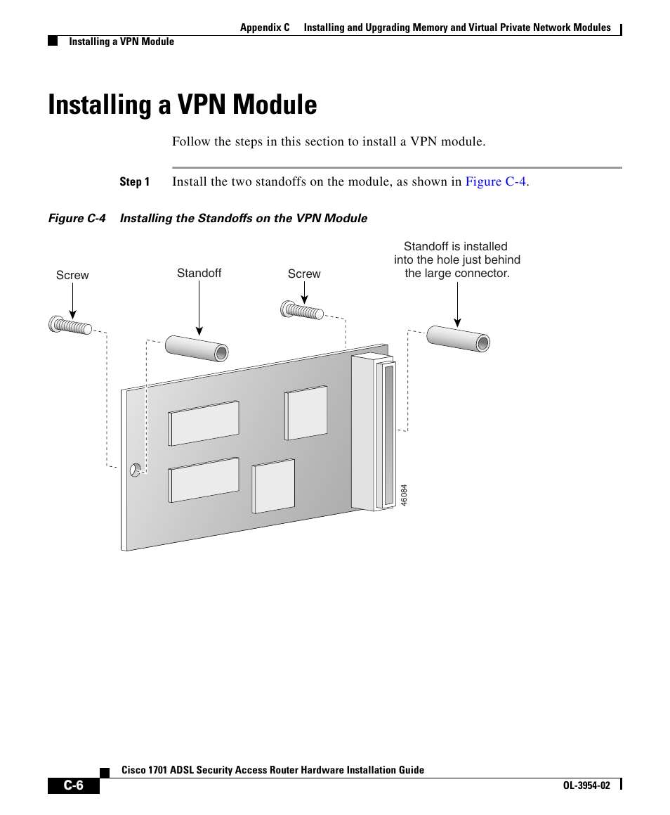 Installing a vpn module | Cisco 1701 User Manual | Page 6 / 10