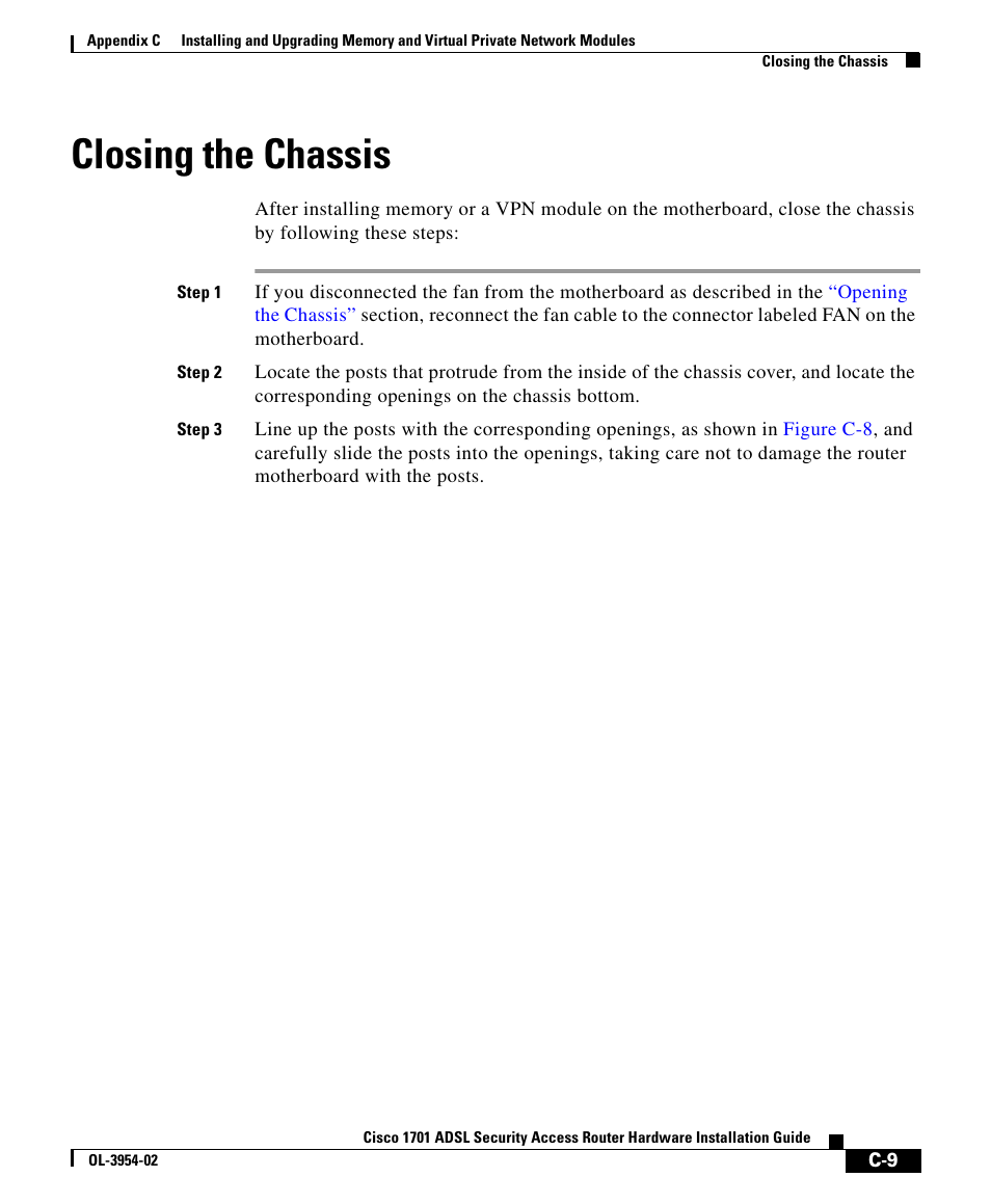 Closing the chassis | Cisco 1701 User Manual | Page 9 / 10