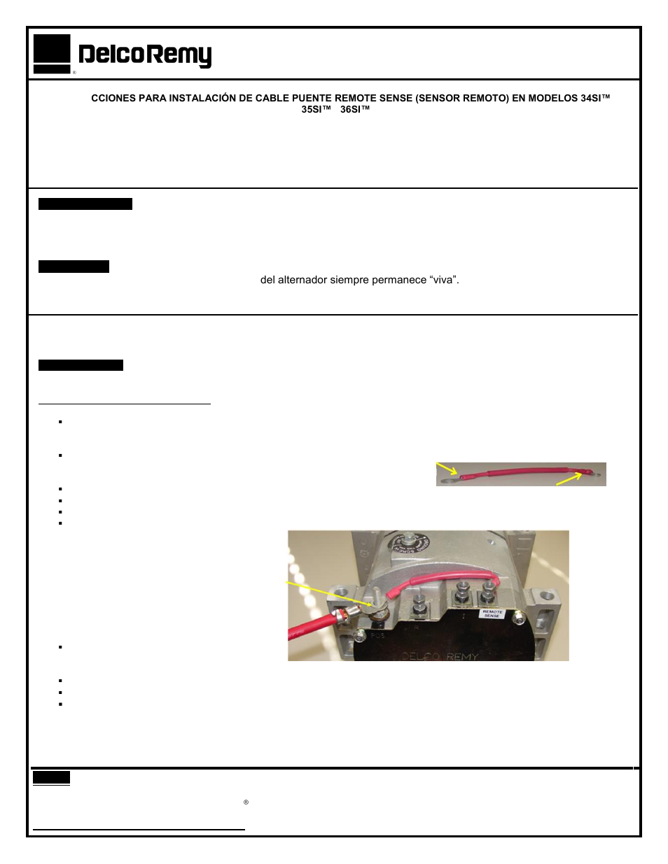 Nota | Remy 36SI REMOTE SENSE JUMPER LEAD User Manual | Page 2 / 2