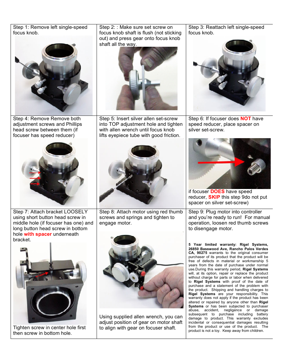 Rigel Systems GSO Crayford Classic Focus Motor User Manual | 1 page