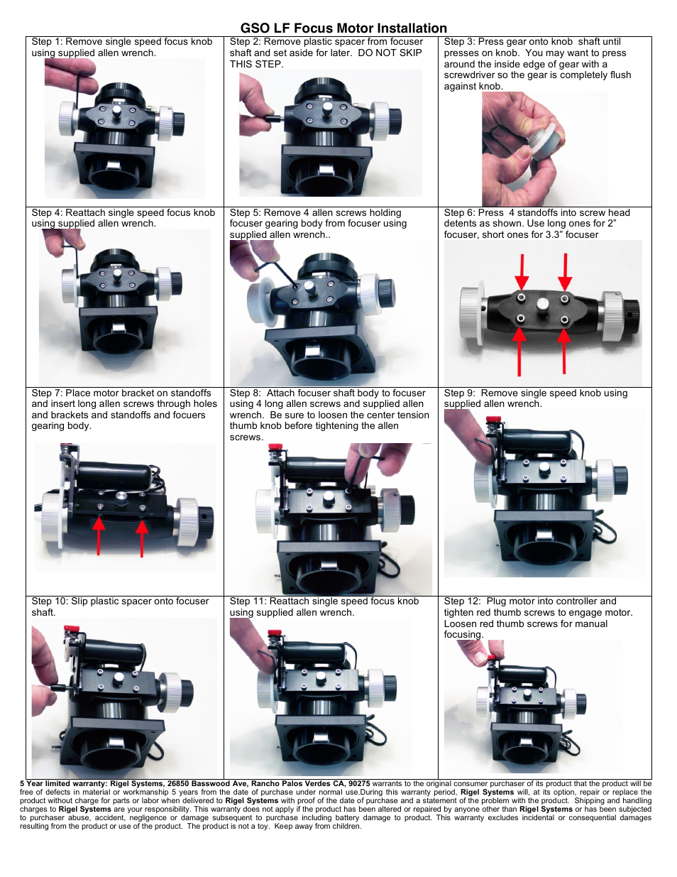 Rigel Systems GSO Crayford Linear Focus Motor User Manual | 1 page