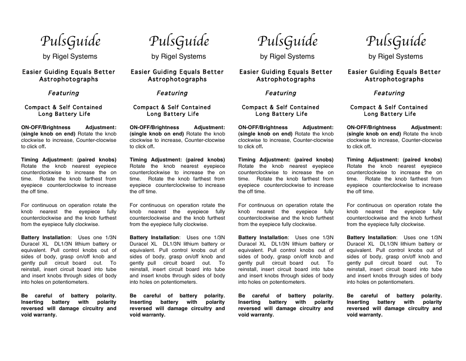 Rigel Systems PulsGuide User Manual | 2 pages