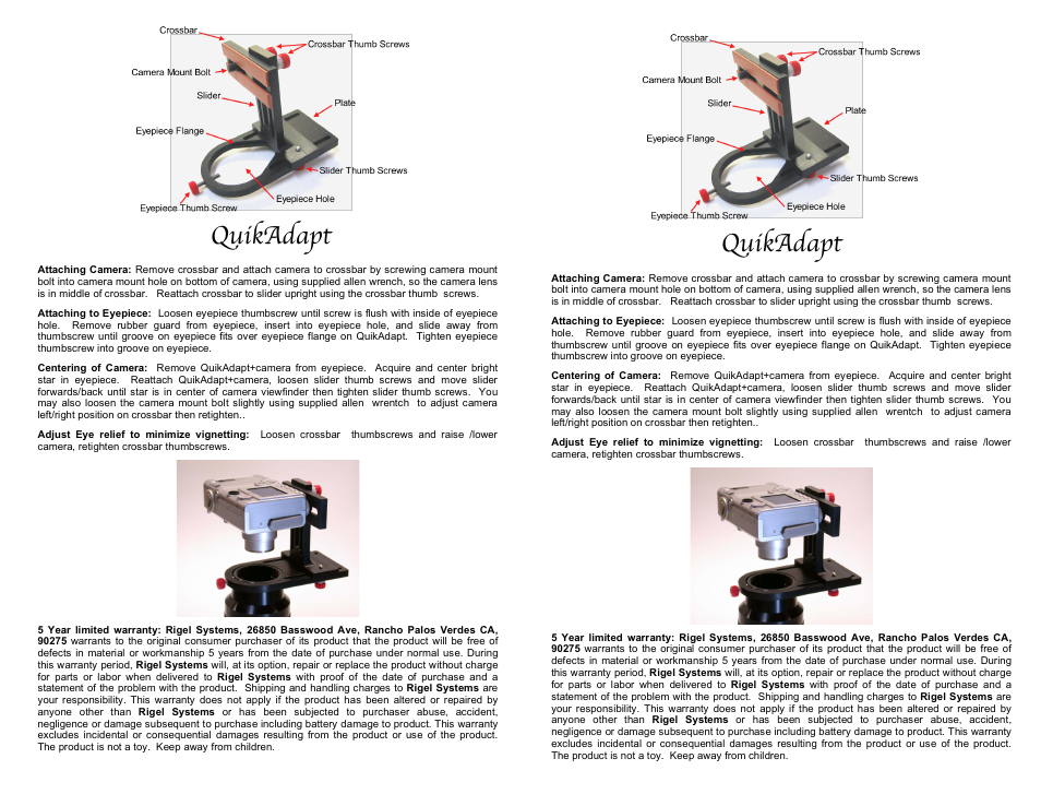 Rigel Systems QuikAdapt User Manual | 2 pages