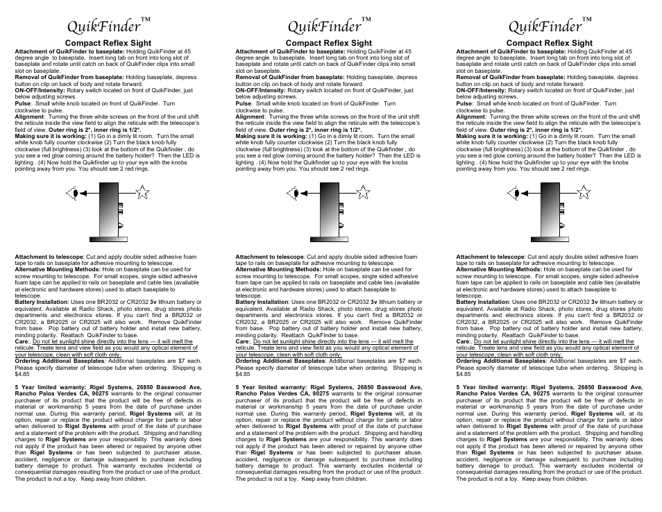 Rigel Systems QuikFinder User Manual | 1 page