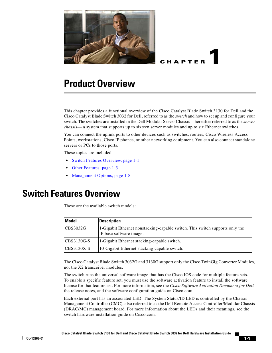 Product overview, Switch features overview, Chapter 1, “product overview | Cisco 3130 User Manual | Page 11 / 72
