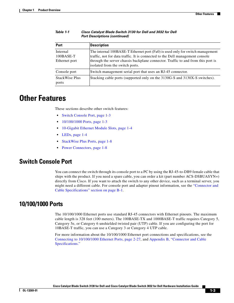 Other features, Switch console port, 10/100/1000 ports | Cisco 3130 User Manual | Page 13 / 72