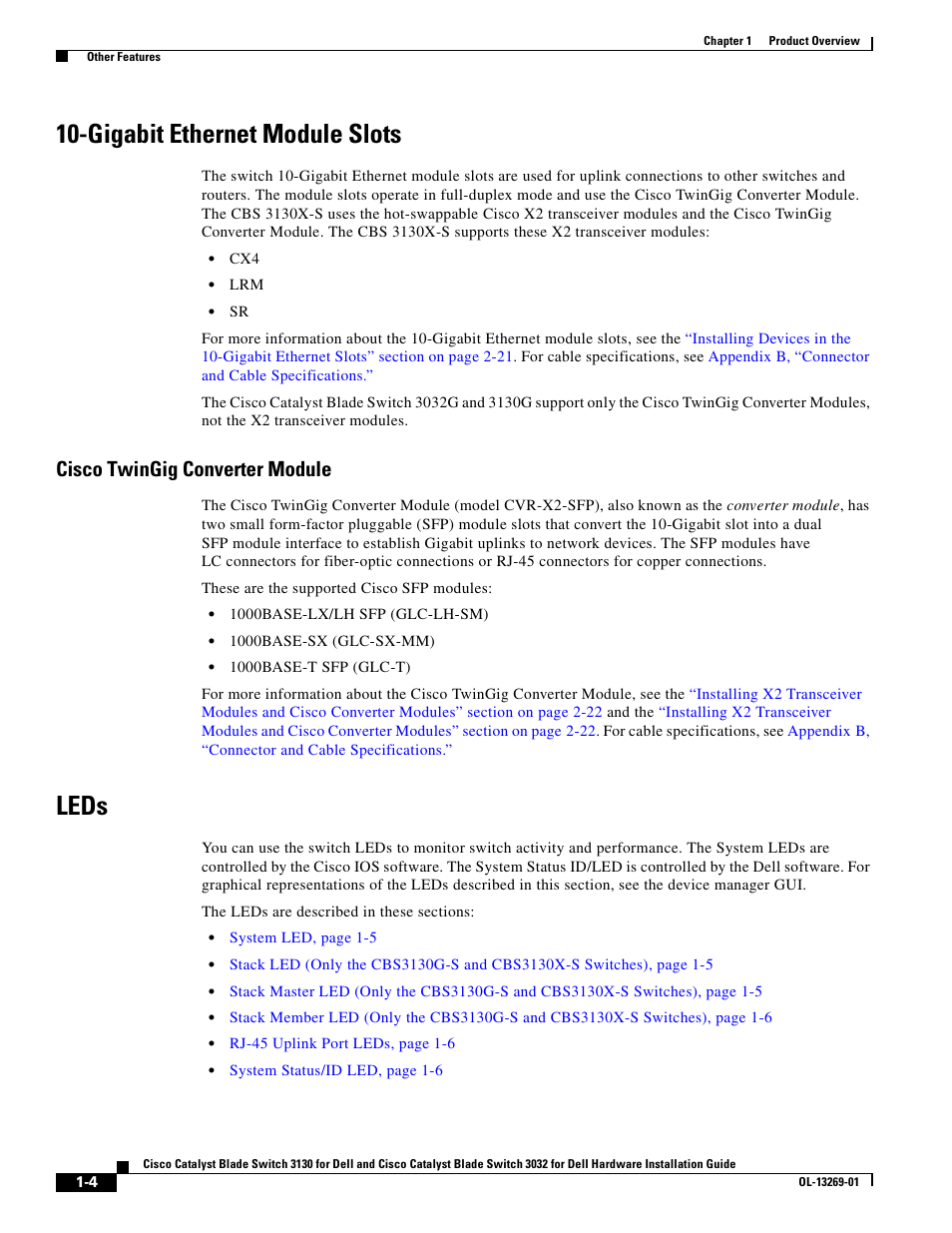 Gigabit ethernet module slots, Cisco twingig converter module, Leds | Cisco 3130 User Manual | Page 14 / 72