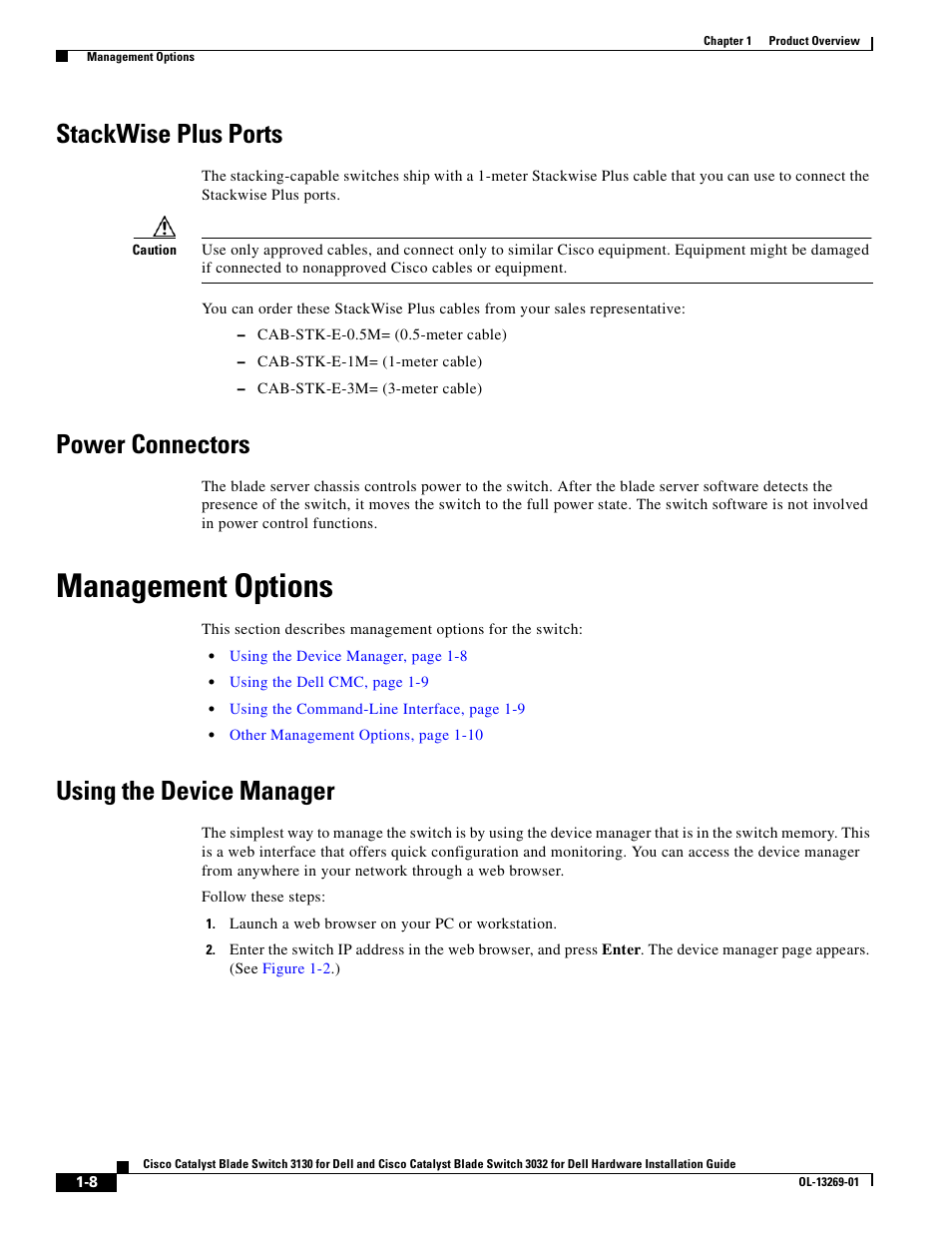 Stackwise plus ports, Power connectors, Management options | Using the device manager | Cisco 3130 User Manual | Page 18 / 72