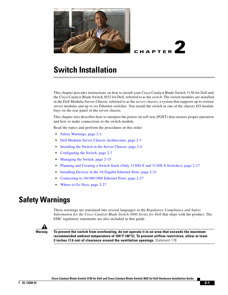 Switch installation, Safety warnings, Chapter 2, “switch installation | Cisco 3130 User Manual | Page 21 / 72