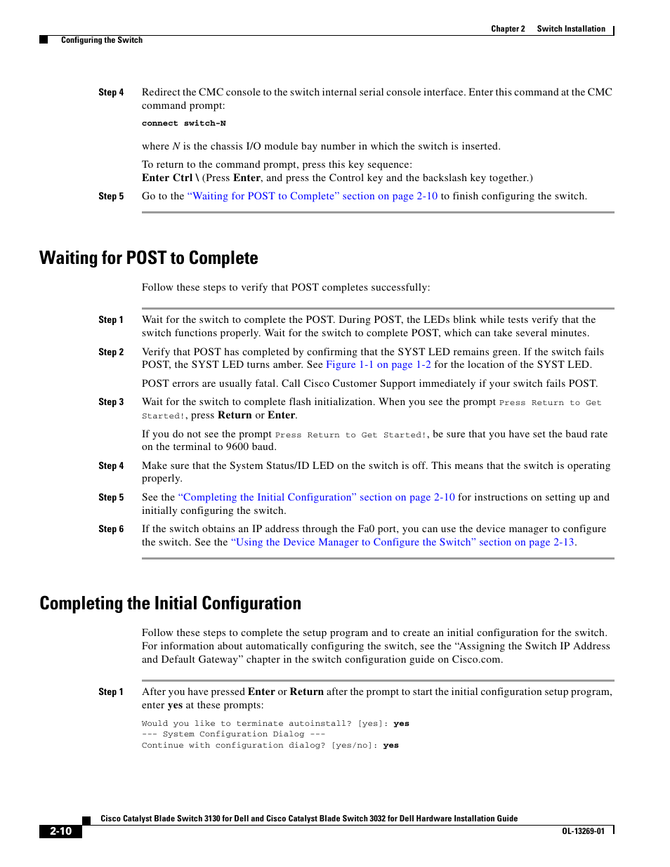 Waiting for post to complete, Completing the initial configuration | Cisco 3130 User Manual | Page 30 / 72