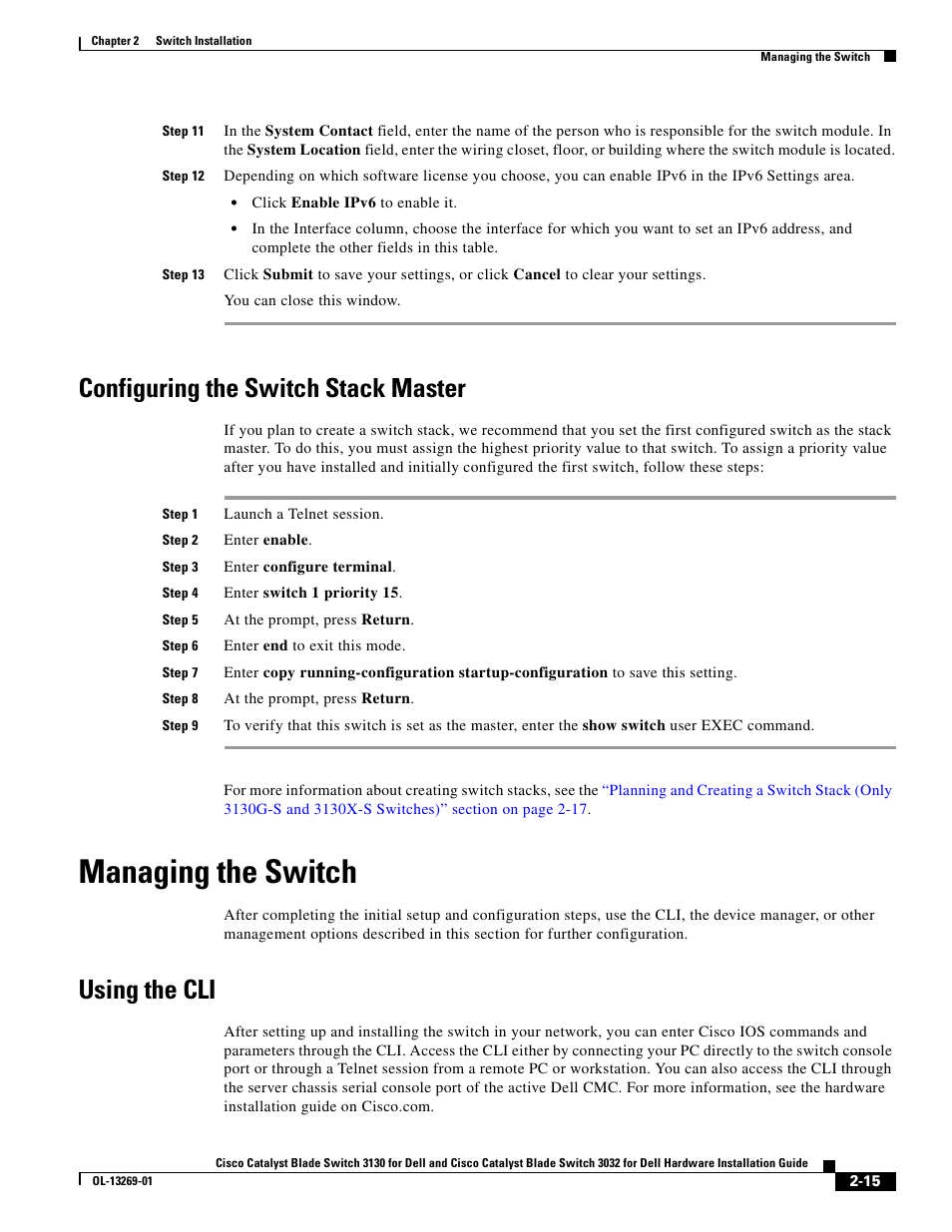 Configuring the switch stack master, Managing the switch, Using the cli | Cisco 3130 User Manual | Page 35 / 72