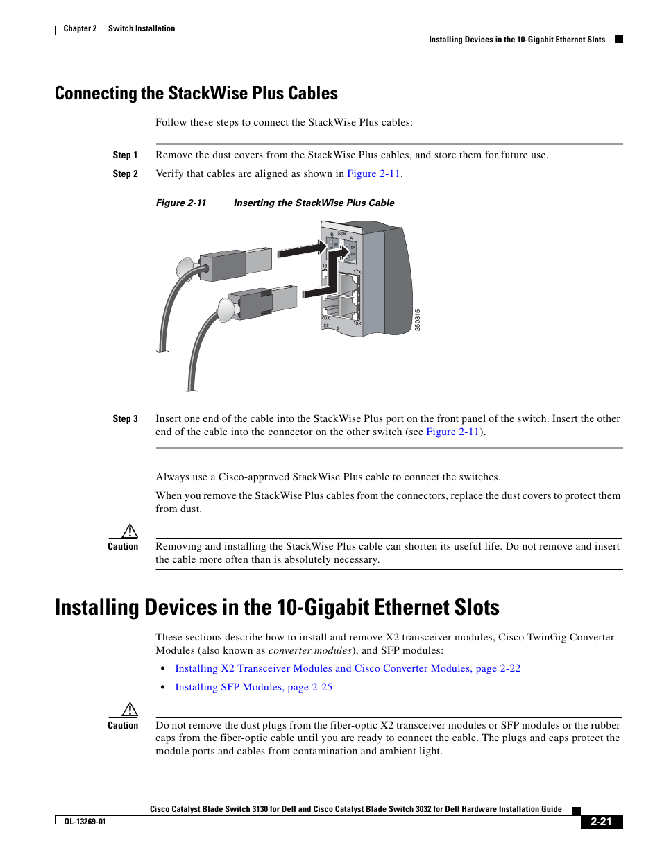 Connecting the stackwise plus cables, Installing devices in the | Cisco 3130 User Manual | Page 41 / 72