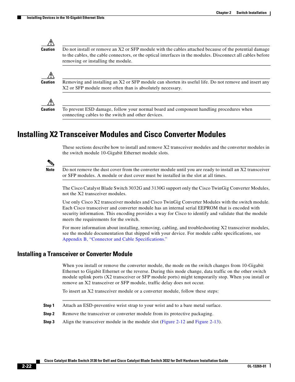 Installing a transceiver or converter module, Installing x2 transceiver | Cisco 3130 User Manual | Page 42 / 72