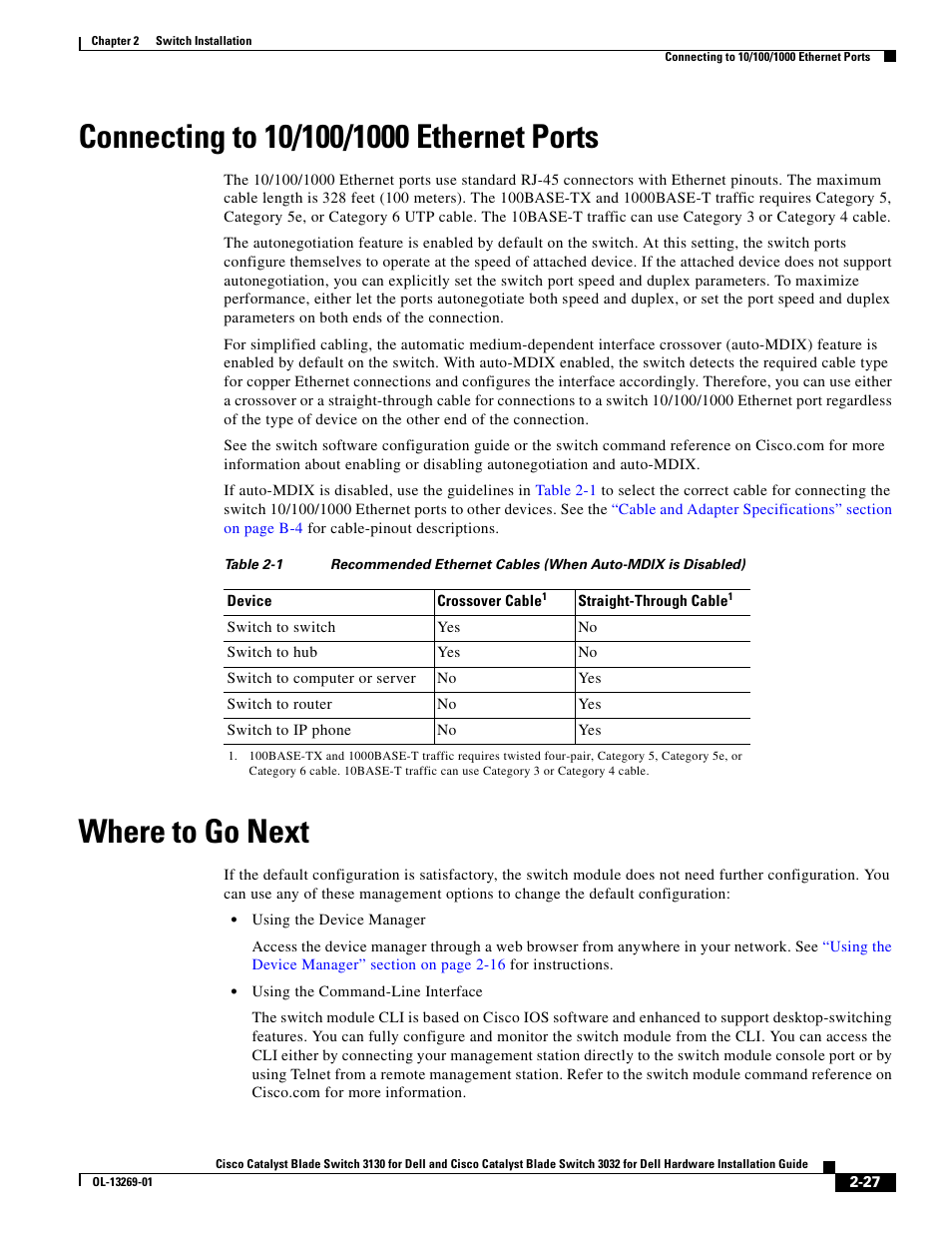 Connecting to 10/100/1000 ethernet ports, Where to go next | Cisco 3130 User Manual | Page 47 / 72