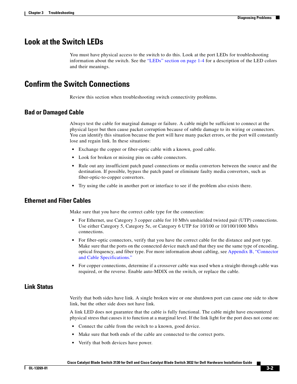 Look at the switch leds, Confirm the switch connections, Bad or damaged cable | Ethernet and fiber cables, Link status | Cisco 3130 User Manual | Page 51 / 72