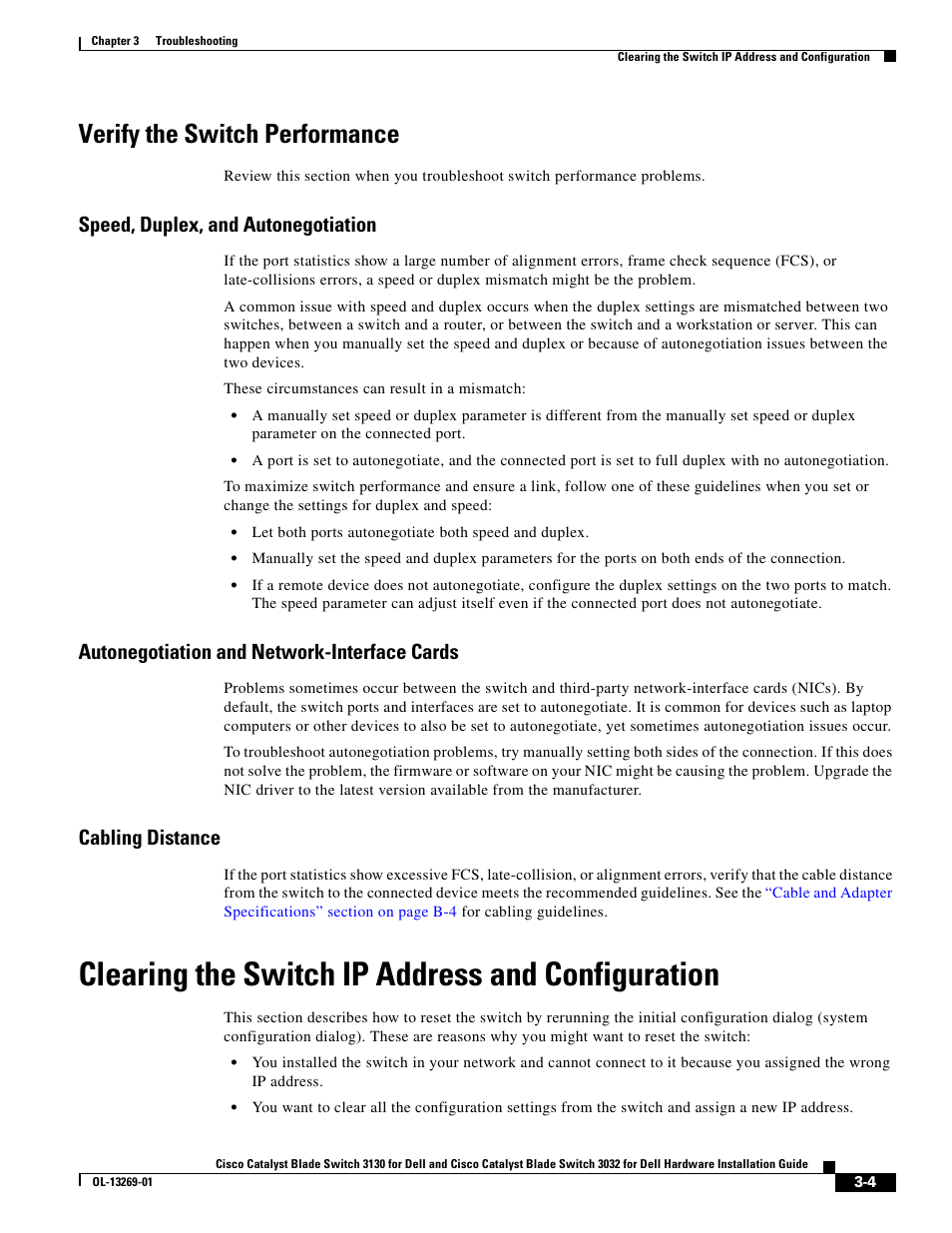 Verify the switch performance, Speed, duplex, and autonegotiation, Autonegotiation and network-interface cards | Cabling distance, Clearing the switch ip address and configuration | Cisco 3130 User Manual | Page 53 / 72