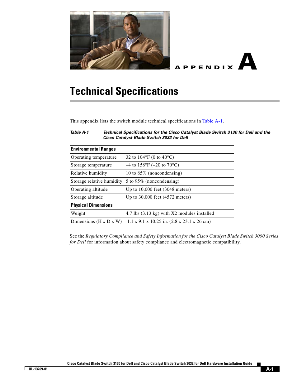 Technical specifications, A p p e n d i x, Appendix a, “technical specifications | Cisco 3130 User Manual | Page 57 / 72