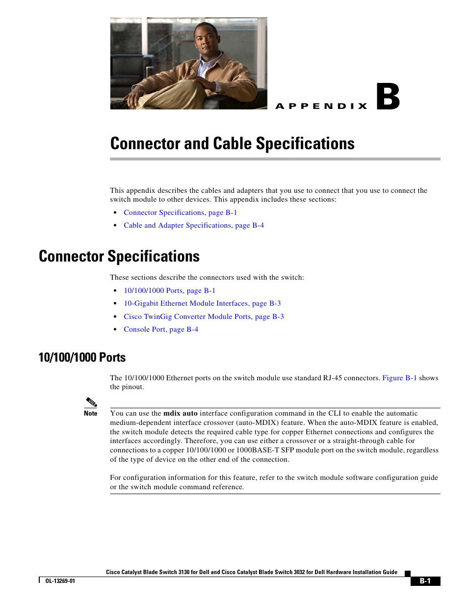 Connector and cable specifications, Connector specifications, 10/100/1000 ports | A p p e n d i x, Connector and, Appendix b, “connector and cable, Specifications, Appendix b, “connector, And cable specifications, Appendix b | Cisco 3130 User Manual | Page 59 / 72