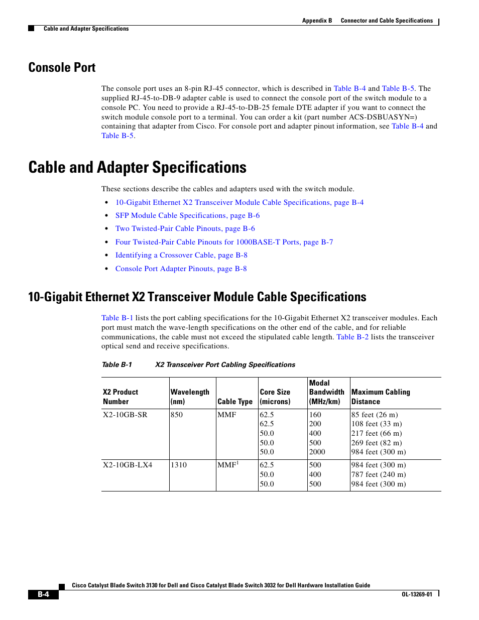 Console port, Cable and adapter specifications, Cable and adapter specifications” section | Cisco 3130 User Manual | Page 62 / 72