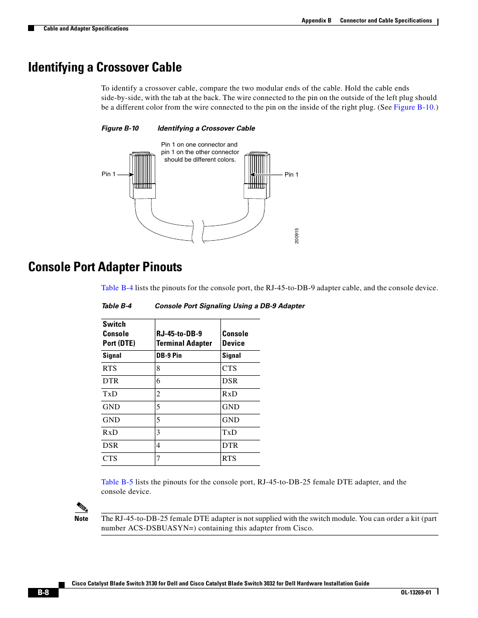 Identifying a crossover cable, Console port adapter pinouts, Table b-4 | Cisco 3130 User Manual | Page 66 / 72