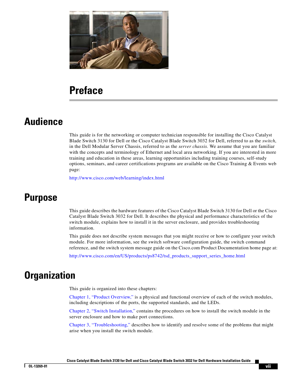 Preface, Audience, Purpose | Organization | Cisco 3130 User Manual | Page 7 / 72