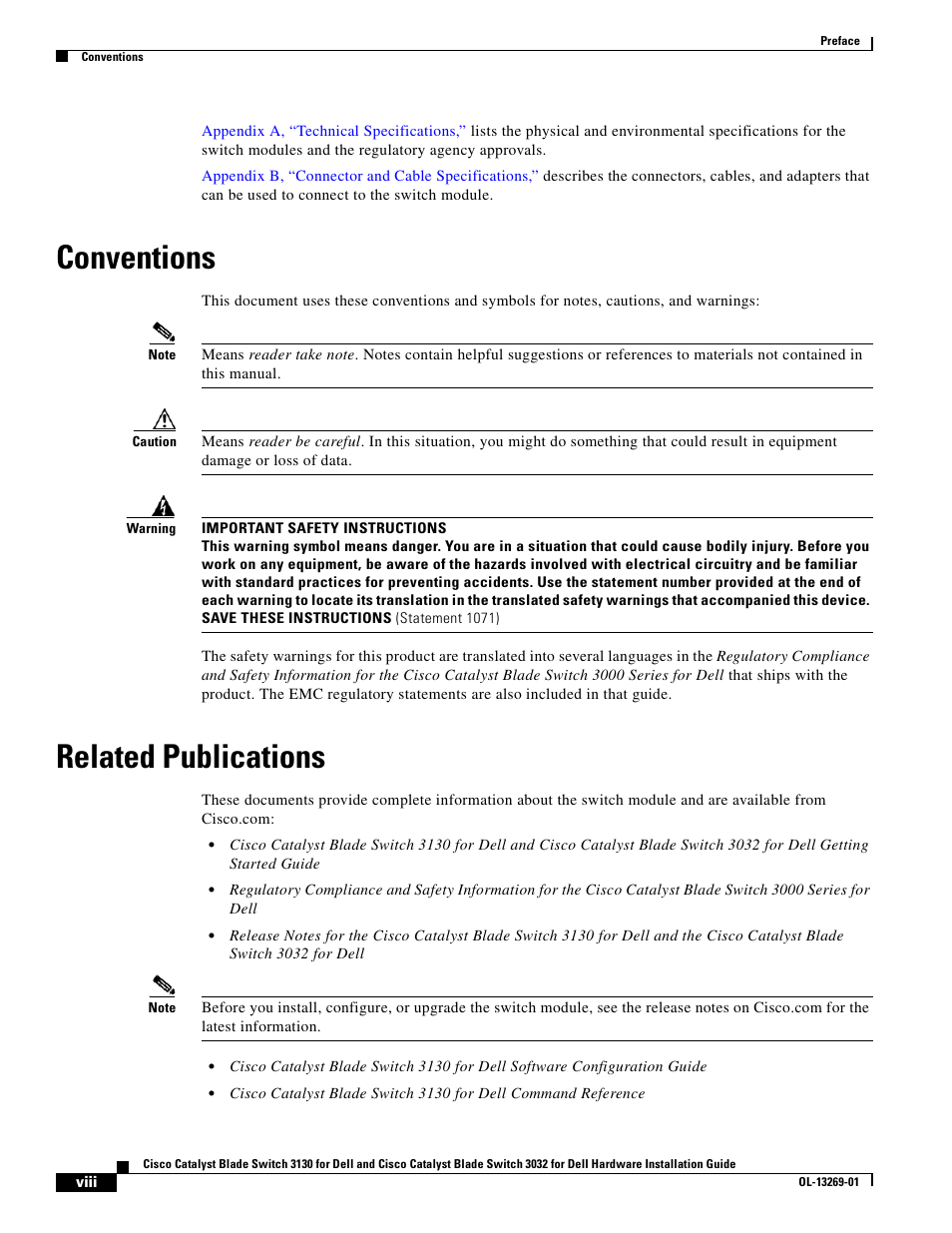 Conventions, Related publications | Cisco 3130 User Manual | Page 8 / 72